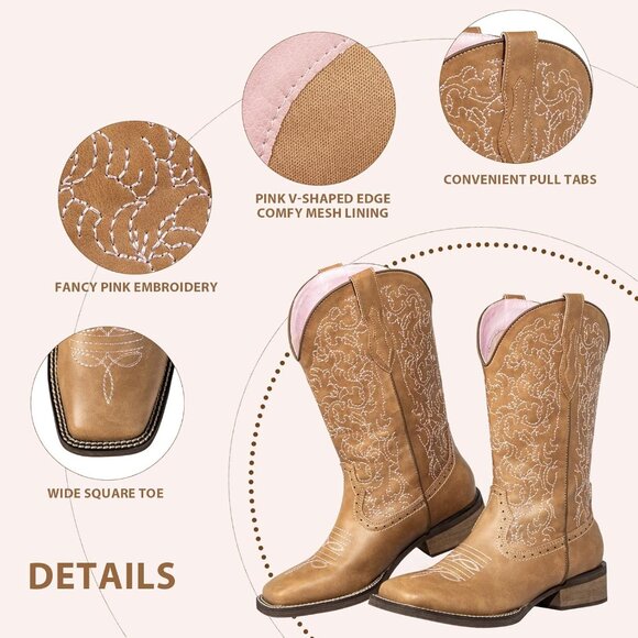 Brown Wide Square Toe Mid Calf Ladies Western Cowgirl Boots Cowboy Boots - Picture 6 of 9